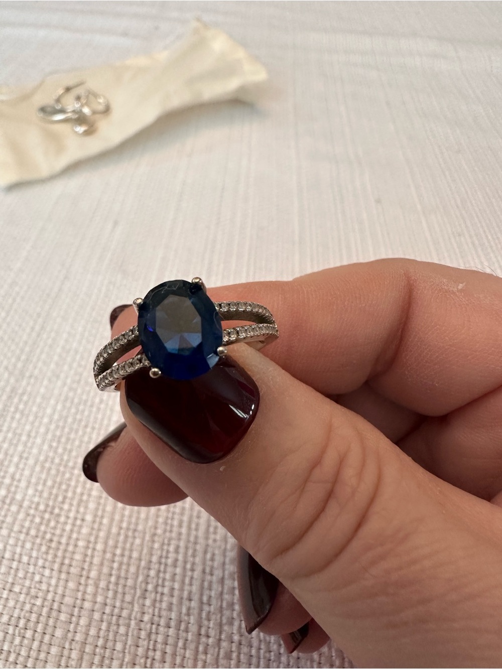 Elegant Blue Sapphire-Style Oval Ring with Pavé Band